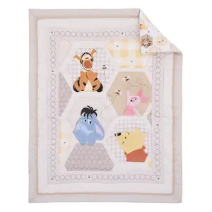 Disney Winnie the Pooh Hugs and Honeycombs Grey, White, and Tan Patchwork with Piglet, Tigger and Eeyore 3 Piece Crib Bedding Set - Comforter, 100% Cotton Fitted Crib Sheet, and Crib Skirt