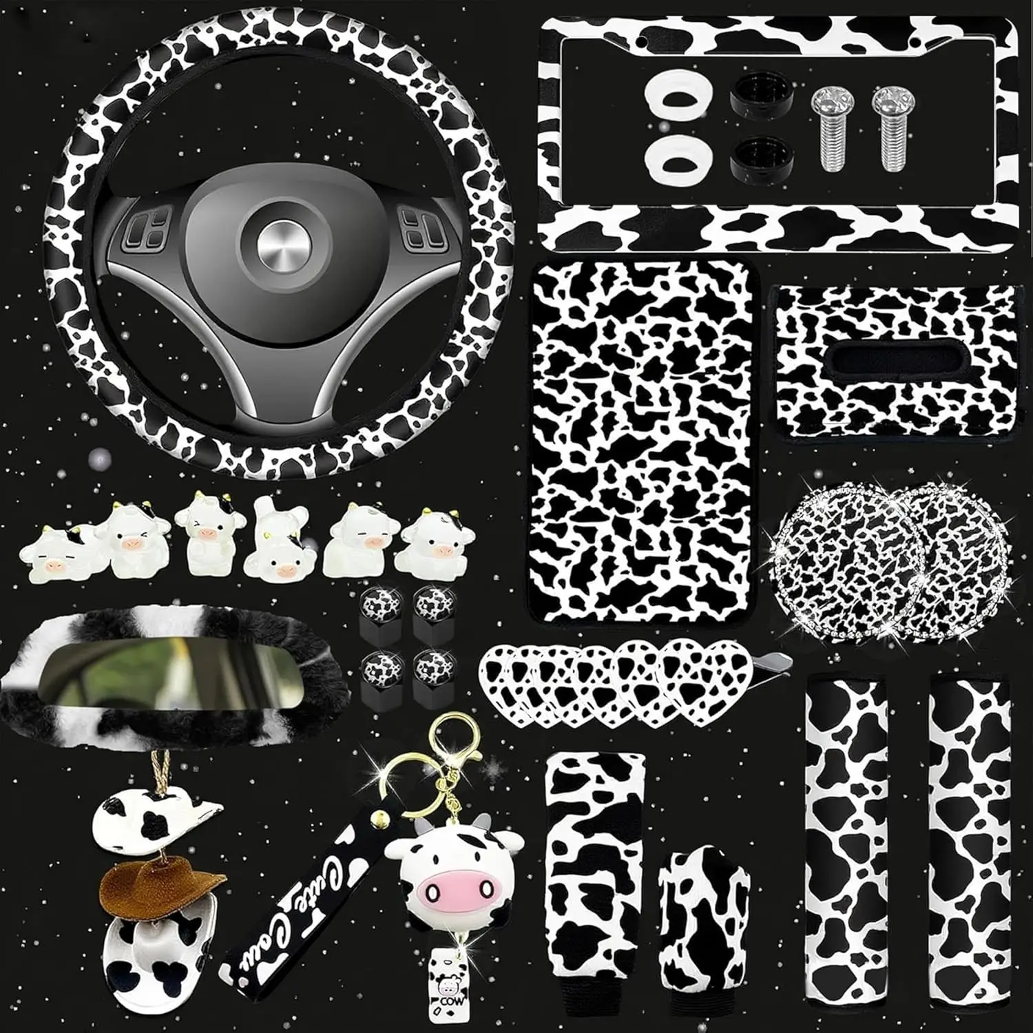 29 PCS Cow Pattern Car Accessories,Including Dashboard Decoration,Rearview Mirror Decoration,Etc,Suitable for Sedans,SUVS and Other Models,Cute Car Interior Sets Suitable for Women (Black)