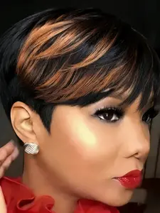 Short Layered Pixie Cut Wig for Women with Bangs Human Hair Honey Blonde Mixed Perfect for Daily Wear & Halloween Costumes