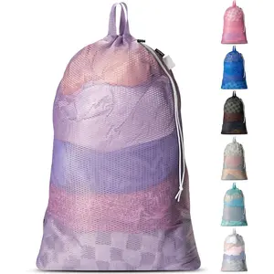 Large Mesh Laundry Bags-Heavy Duty with Handles & Drawstring-Machine Washable Net Laundry Sacks for College Dorm, Camp, Travel, Bedding & Clothes Storage (Purple)