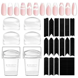 12 PCS French Nail Art Stamper Kit,2 PCS Jelly Nail Stamper 4 PCS Silicone Replaceable Stamper Head and 6 Sheets French Manicure Edge Auxiliary Nail Guide Stickers For Gel Polish Design