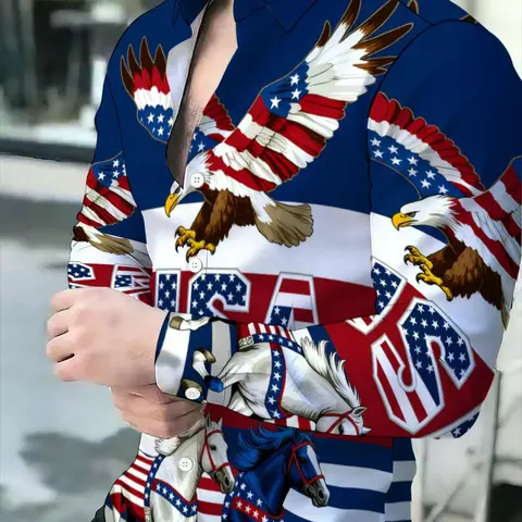 Men's Novelty American Flag Eagle Horse Pattern Long Sleeve Casual Outings Shirt
