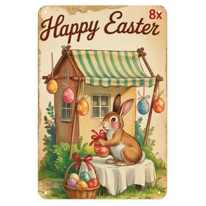 Happy Easter Bunny Rabbit And Eggs Vintage Easter Metal Sign Print Aesthetic Room Decoration for Home Bedroom Kitchen Bar Coffee Bathroom Indoor Outdoor Wall Decor, 8 X 12