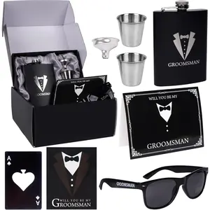 6 count Groomsmen Gifts Groomsman Proposal Wedding Party Box Set:8oz Stainless Steel Tuxedo Flask with cups  Bottle Cap Opener Sunglass Card Sticker Groomsman Box for Wedding Bachelor Party