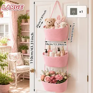 [Larger Capacity, No Dropping] Hanging Over the Door Organizer, Large Size 3-Tier Woven Cotton Basket, 13.4x7.9x6.7 Inch Wall-Mounted Storage Bag, Decorative Nursery Baskets ideal storage shelf shelf storage basket woven basket storage basket,  Khaki pink