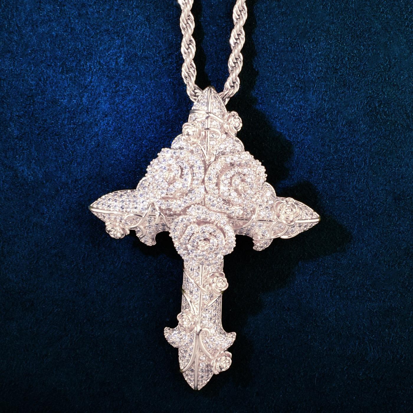 QUEENDO Iced-Out Rose Cross Pendant Necklace - Fully-Paved Sparkling Stone Floral Charm, Retro Gothic 3D Design, 2-Tone Gold & Rose Gold Finish, Streetwear Statement Accessory, Adjustable Link Bracelet, Party Daily Jewelry Gift