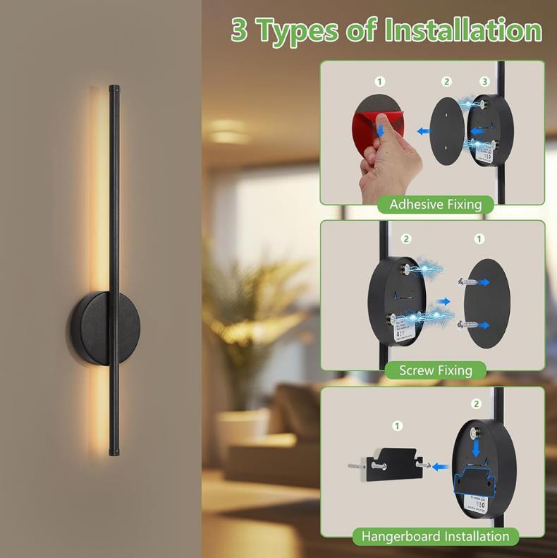 2pcs 50cm Rechargeable Wall Sconce Lights Battery Operated 3 Color Temperature Dimmable Wireless with Remote Control Black for Living Room Bedroom Modern Interior Elegance