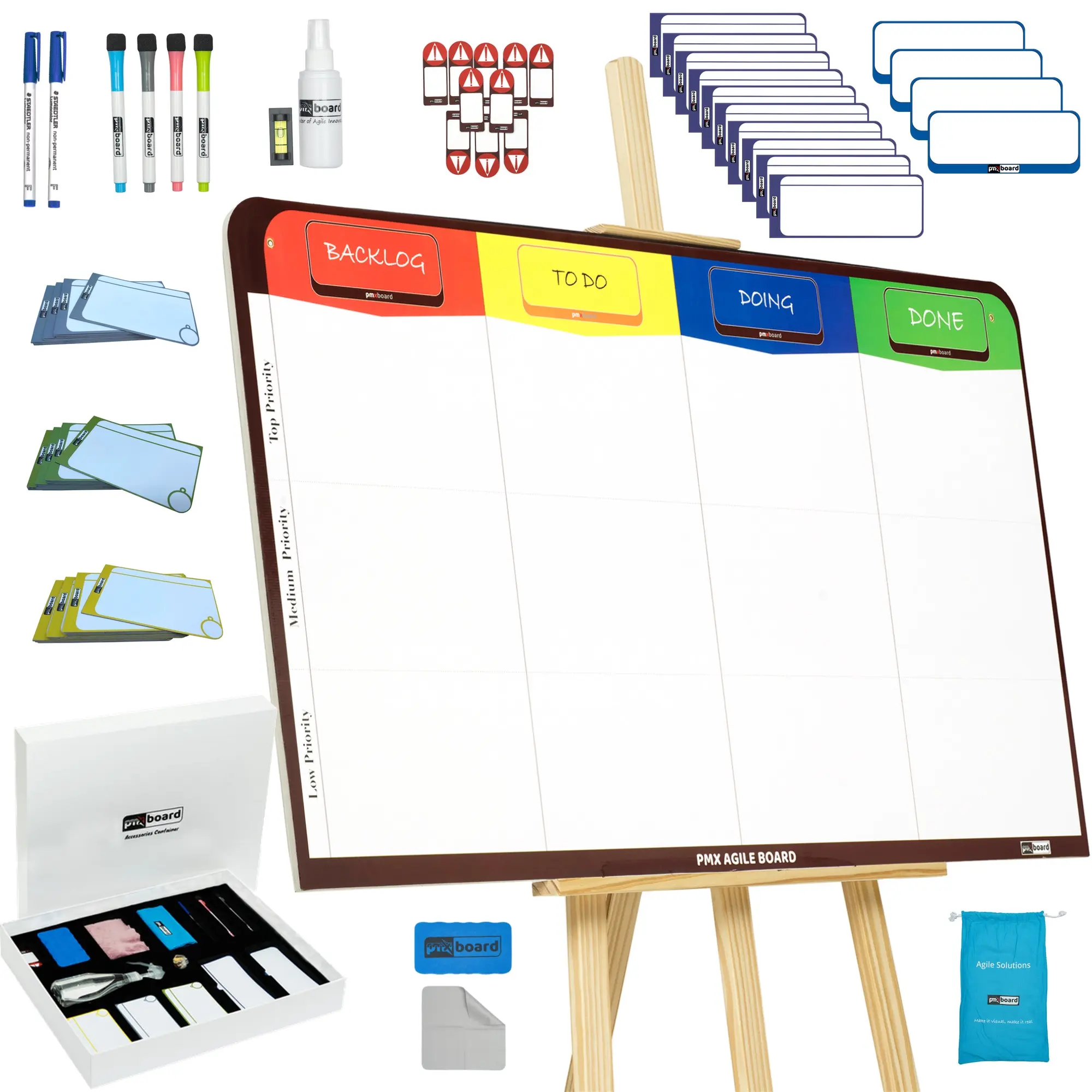 PMXBOARD Full Kanban / Agile Management Board Set (42”×23”) – Magnetic Kanban + Scrum + Lean Kit with 84 Magnetic Cards & Status Indicators