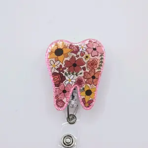 Boho Floral Tooth Dental Squad Acrylic Retractable Badge ID Reel Belt or Alligator Clip Perfect for Dental Assistants and Hygienists creative card