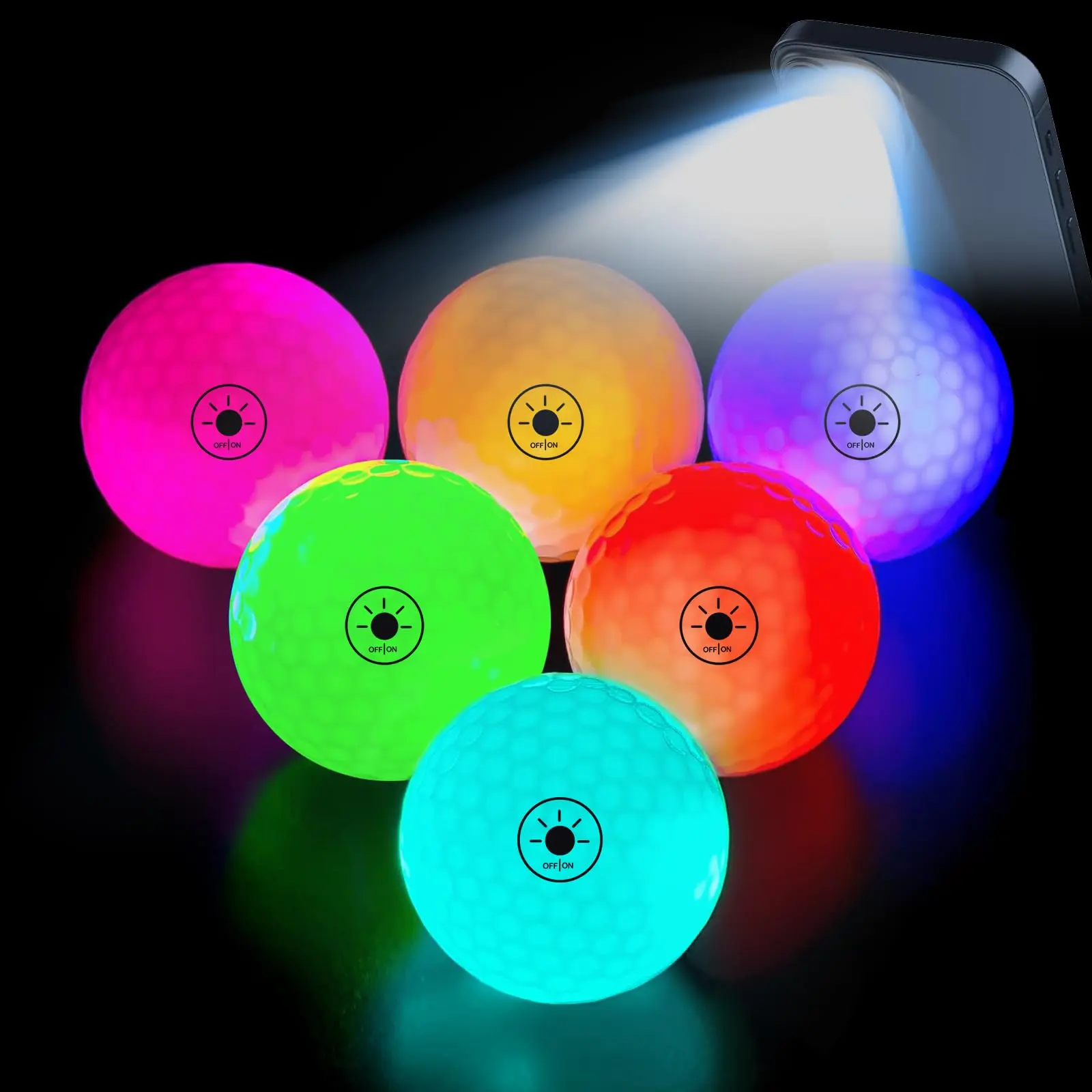 6 Pack Glow-in-the-Dark LED Golf Balls | Light Activated, Easy On & Off | Night Golf Fun
