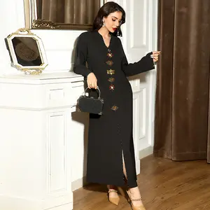 Women's Arabian Dress,New style - black V-neck hand-stitched diamond-encrusted dress, slim and long style, women's clothing,Women's Notched Neck Longsleeves Dress