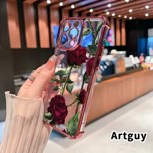 Four Corner Anti-Fall Blooming Rose Pattern Phone Case for iPhone 16 Pro Max 15 Plus 14 13 12 11 E Shockproof Transparent Electroplated Protective Cover