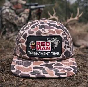 [BEST 2026] Red Man Camo Hunting Patch Snapback Hat, Vintage Outdoor Tournament Trail Style Cap, Camouflage Flat Brim Trucker Hat for Hunters and Fishermen