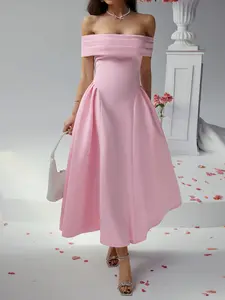 Women's Off The Shoulder Formal Prom Dress, Pink Bridal A Line Ruched Tea Length Evening Party Gown, Brithday Outfits