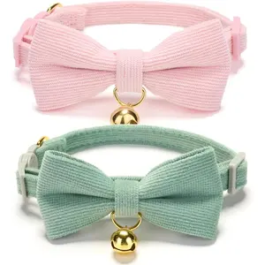 2 Pack Soft Corduroy Cat Collars with Bow Tie & Bell Adjustable Breakaway Bowtie Kitten Collar for Girl Boy Kittens(Pink & Grass Green)