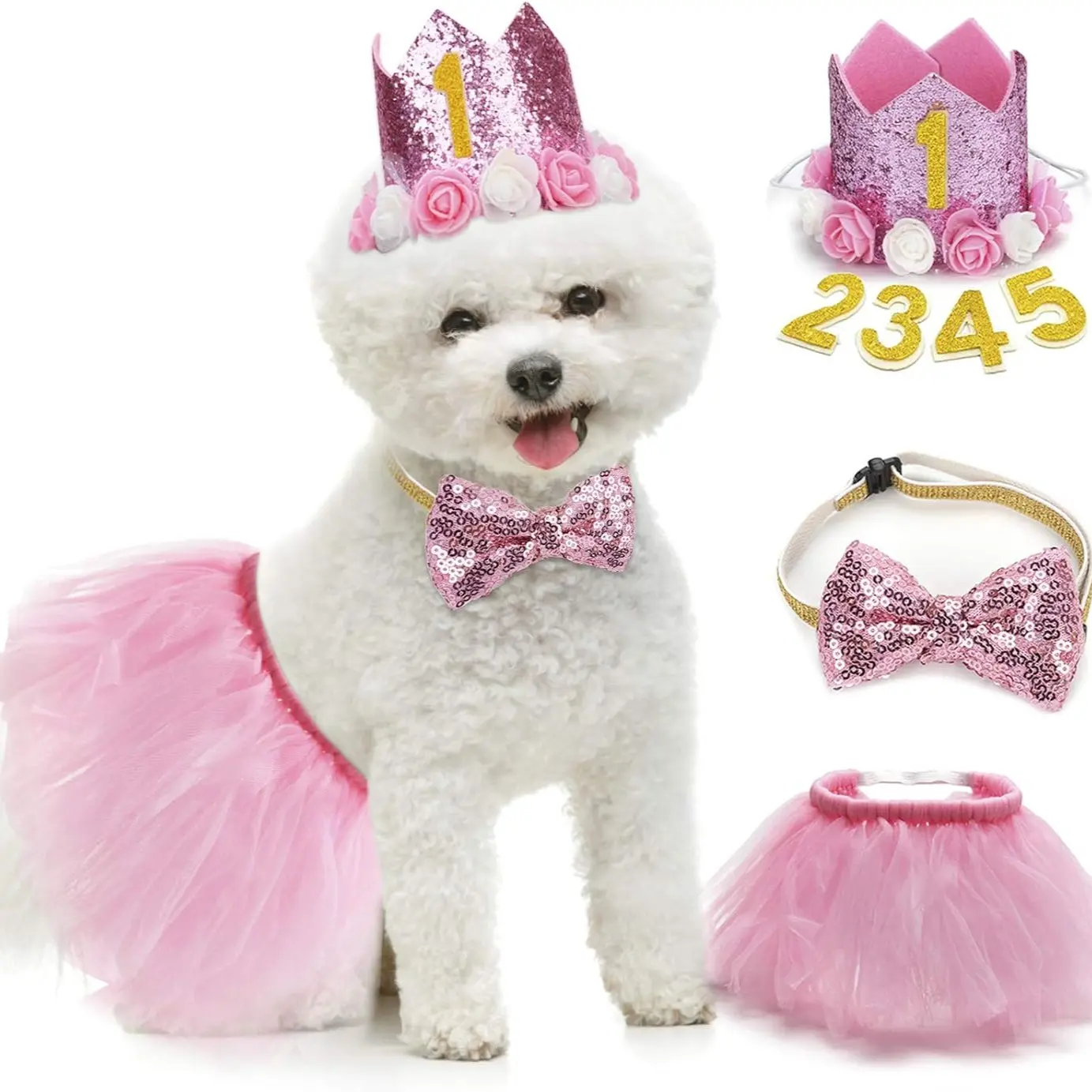Pet Birthday Costume Set, Dog Princess Dress with Crown Hat, Small Dog Tutu Dress, Pet Party Accessories, Puppy