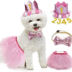 Pet Birthday Costume Set, Dog Princess Dress with Crown Hat, Small Dog Tutu Dress, Pet Party Accessories, Puppy