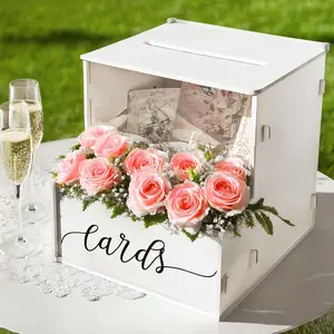 White Card Box with Slot, Wedding Card Boxes for Reception with Flower Trough, Elegant Suggestion Box for  Envelope,  for Birthday Bridal Shower Graduation Party Table Decor