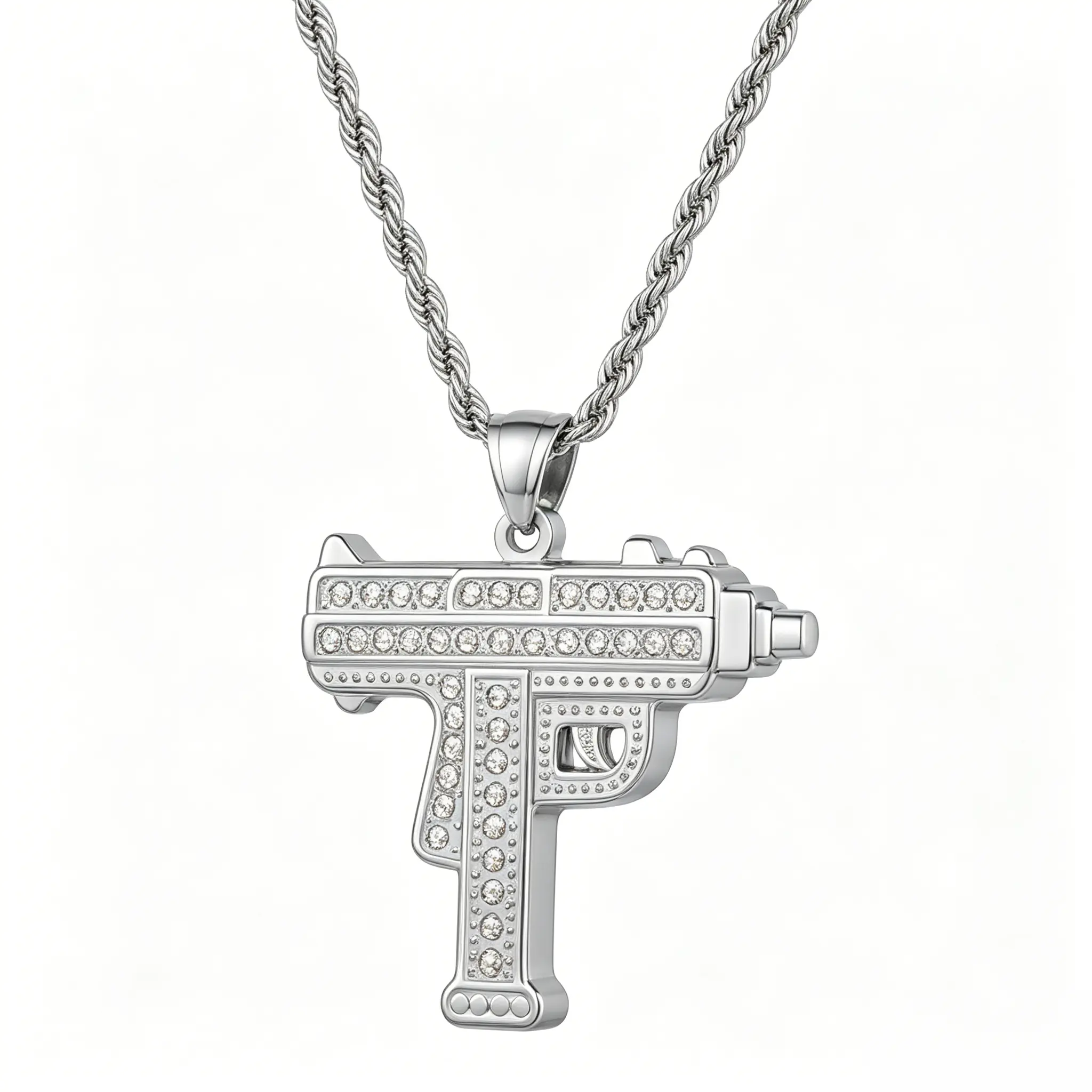 BaseTry Silver Zinc Alloy Metal Coating Diamond Iced Out Full Rhinestones UZI Submachine Gun Pendant Necklace, 22-in Long Twist Rope Chain, Unisex Hip Hop Street Bling, Daily Streetwear Jewelry, Elegant Gift Box Included for Rappers