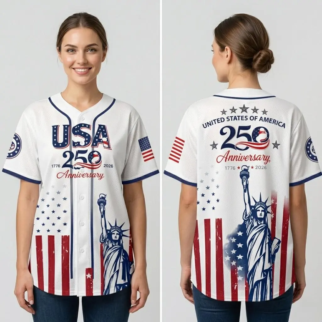 USA 250th Anniversary Baseball Jersey, Patriotic Statue of Liberty Print Shirt, Unisex Independence Day 4th of July Outfit, 1776–2026 Semiquincentennial Patriotic Jersey
