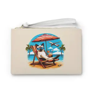 Stylish Vegan Leather Clutch Bag with Siamese Cat Beach Vacation Scene and Humorous Phrase Design, Perfect for Trendy Fashionistas