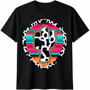 100% Cotton Western Cow Cactus Leopard Cheetha Serape Turquoise pink T-Shirt