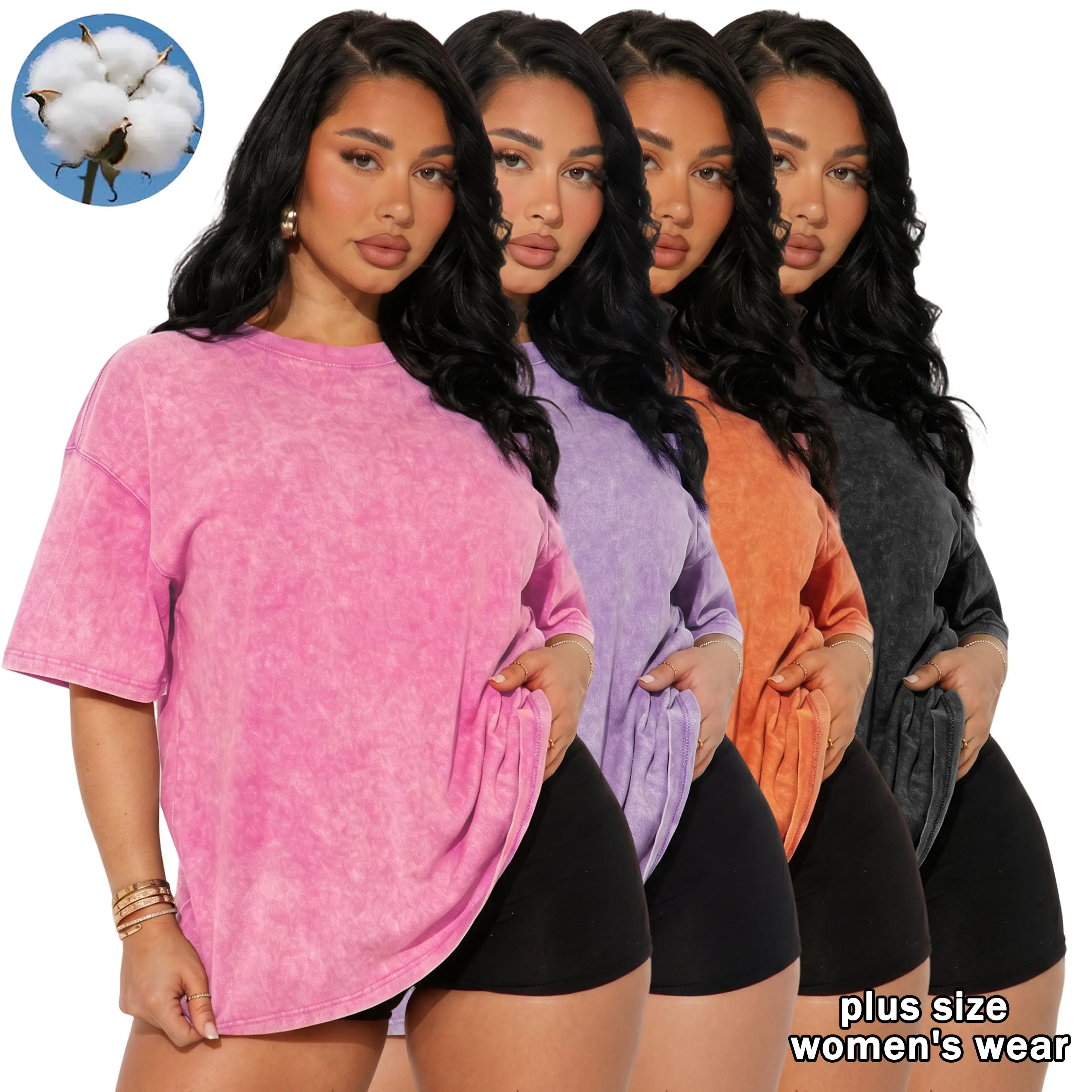 Women’s 4-pack summer pure cotton distressed wash short-sleeve T-shirts, loose crew neck casual versatile solid color tops, suitable for classes, shopping, home wear, and sports.