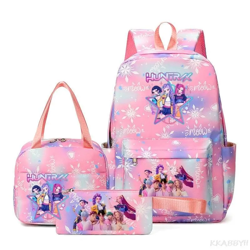 K‑POP Cartoon Hunters Multi‑Character Anime Prints 3‑Pcs School Backpack Set, Waterproof Pastel Pink‑Blue Ombre Snowflake & Heart Pattern Zipper Daypack, Insulated Lunch Bag and Stationery Pouch for Daily School Travel