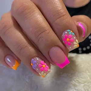 Nails Short French Fake Nails Acrylic Square Nude Pink False Nails with Flower Designs Full Cover Stick