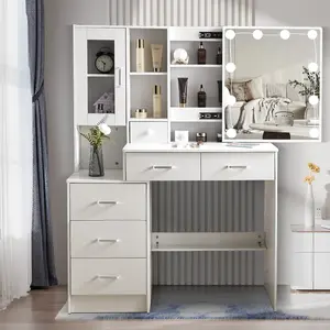 White Vanity with Mirror and Lights, 1 Glass Cabinets and Open Shelf & storage 6 Drawers Dressing Table, Makeup Desk with Sliding Mirror, 3 Adjustable Brightness Modes Bedroom Set Furniture