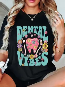 Retro Dental Vibes Graphic T-Shirt for Women & Men – Fun Tooth & Floral Design, Casual Round Neck Short Sleeve Tee, Black with Colorful Print, Machine Washable, Dental Professional Gear| Playful Graphic Tee| Durable Fabric, Dental Gifts