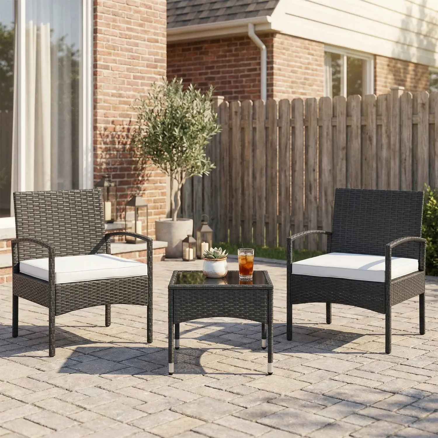 3-Piece Modern Outdoor Patio Bistro Furniture Set - Black PE Rattan Chairs with Beige Cushions, Glass-Top Table, Outdoor Dining Sets for Backyard, Balcony, Patio Conversation Set