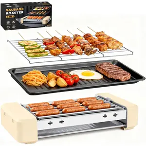 Electric Hot  Roller 3 in 1 Indoor Grills Portable with Non-stick &  Removable Grill & BBQ Griddle Plate, Stainless Sausage Grill Cooker Machine Fits 9 Sausage for Family Party