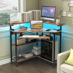 Corner Desk with Monitor Stand & Keyboard Tray for Small Space, Triangle Corner Desk with Charging Station & LED Light, Gaming Computer Desk with Storage Shelves for Home Office