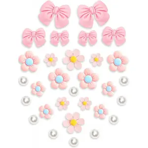 30 count Resin Shoe Charms for Girls Set, Cute Pink Bow Flower Accessories for Clog Sandals, Pearl Decoration for Women, DIY Party Favor-USA