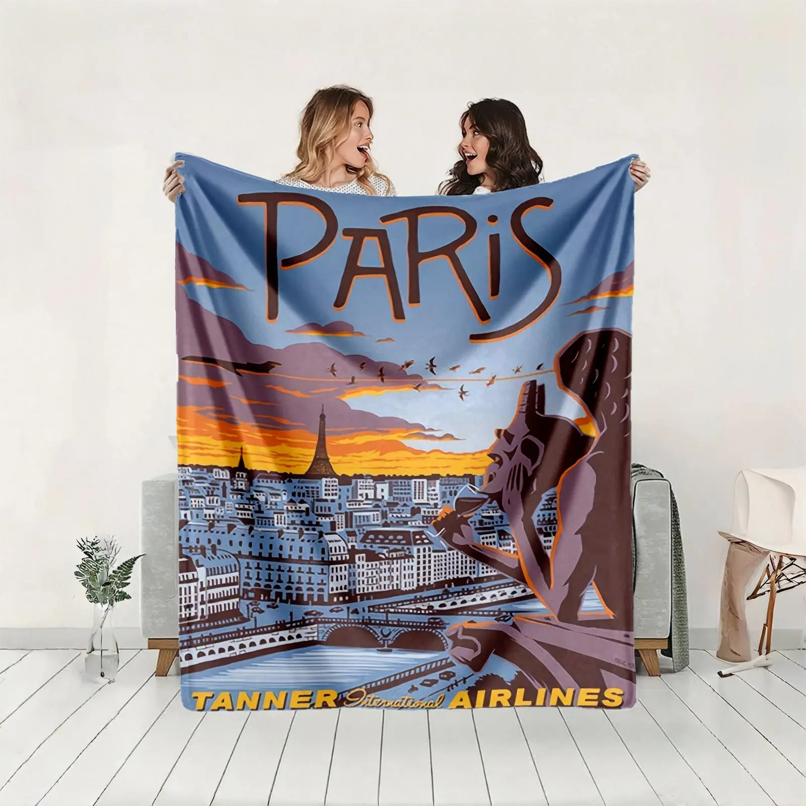 1 piece Paris cityscape and Eiffel Tower sunset view themed flannel blanket - All-season comfortable flannel blanket, modern style, suitable for sofas and beds, digitally printed pattern, super soft and warm, 100% polyester material, machine