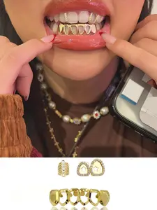 3PCS Women's Teeth Grillz Set, Micro-Inlaid Hollow & Smooth Design, Copper Material with 5a+ Zirconia Craftsmanship, Top and Bottom Tooth Caps, Teeth Cover Girls, Teeth Kit