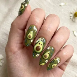 Hand Painted 3D Press On Nails Kawaii Avocado Adventure With Pits And Florals