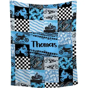 Personalized Dirt Bike  Blanket with Name,Custom Extreme Sport Motorcycle Rider Patchwork Plaid Blanket for Boy Kid,Soft Plush     Registry Gift 40''x 50'' for Child