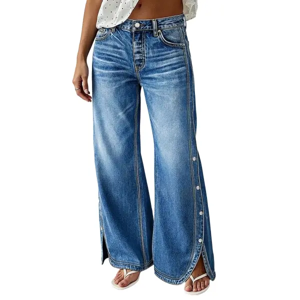 Flamingals Wash Button Side Split Hem Mid Waist Wide Leg Jeans Womenswear Stretchy 30.1" Inseam