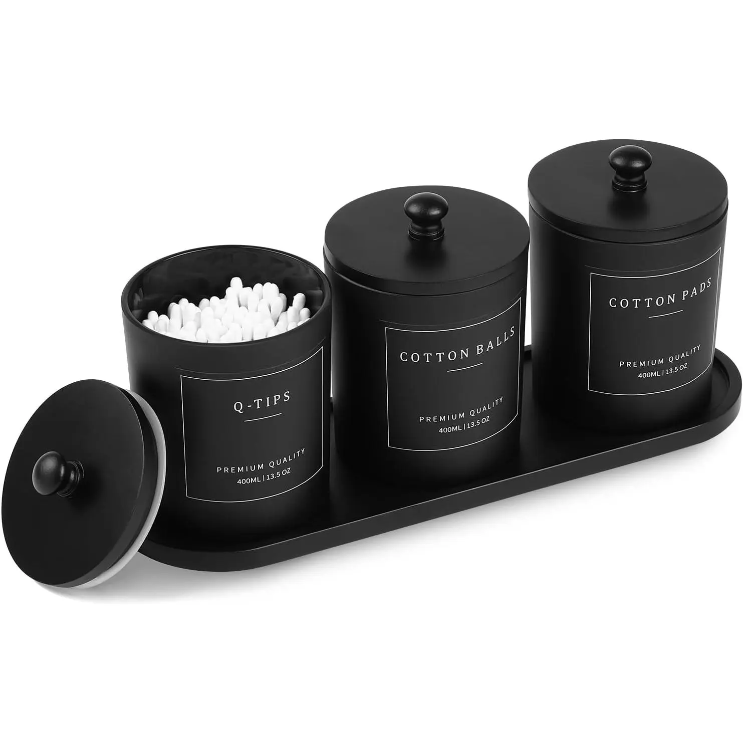 Bathroom Accessory Organizer Set, 3-Pack Black Waterproof Modern Eco-Friendly Glass Jars with Lids - Qtip Holder, Cotton Round Holder, Swab Dispenser, Ball Tray, Floss Pick Container, Cover, Sticker (Gift-Worthy)