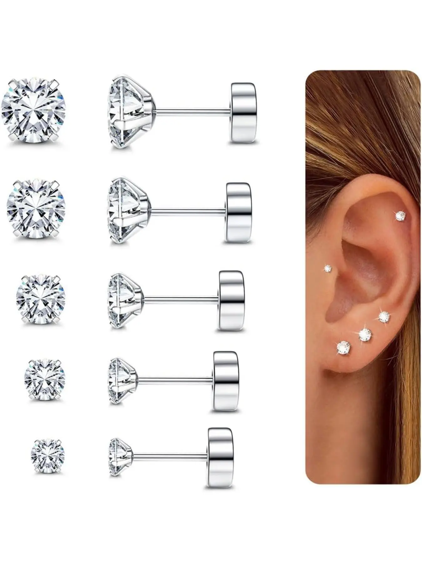 5Pairs Earrings for Women Hypoallergenic Post Earrings, Surgical Steel Earrings, Flat Back Earring, Flatback Stud Earrings, Stud Earrings, Stainless Steel Earrings with AAAAA+ CZ Tragus Helix Cartilage Piercing, Earrings for Sensitive Ears