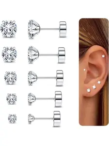 5Pairs Earrings for Women Hypoallergenic Surgical Steel Earrings Flat Back Earring with AAAAA+ CZ Tragus Helix Cartilage Piercing Jewellery Flat Pierced Jewelry