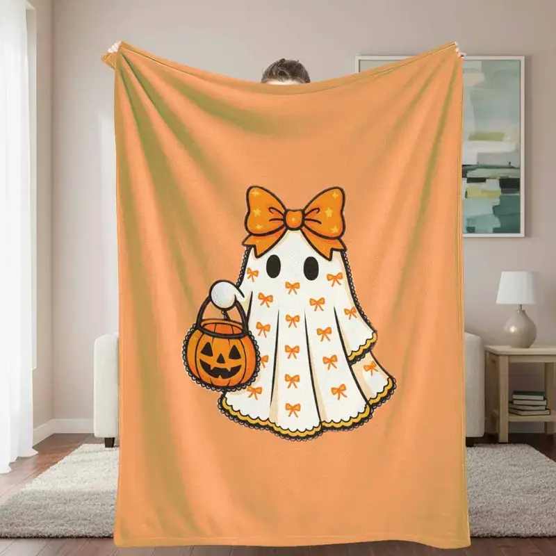 Soft Funny Throw Blanket Halloween Ghost Flannel Blanket with Pumpkin and Orange Bow Print Soft Cozy Warm Decorative Throw Blanket Perfect for Sofa Bedroom Living Room Holiday Party Gift Home Decor