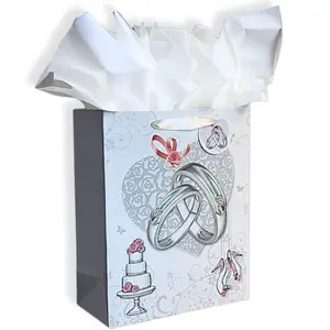 Wedding Gift Bag & Tissue Paper, 12.5" Large with Handles, for Bride, Groom Gifts, Newly Engaged Couples, Bachelorette Gifts, Bridal Shower, Wedding Welcome, Wedding Favor Bags (Engagement Rings)