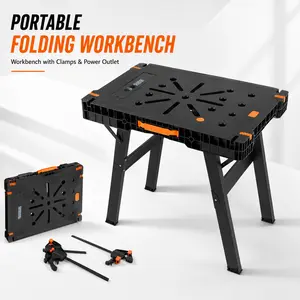 【fathersdaygift】TLGREEN Folding Work Bench with Clamps & Power Strip - Portable Work Table 34" W x 22" D, 330lb Capacity, Heavy Duty Foldable Design for Garage, Table Saw, Workshop, Home DIY Projects