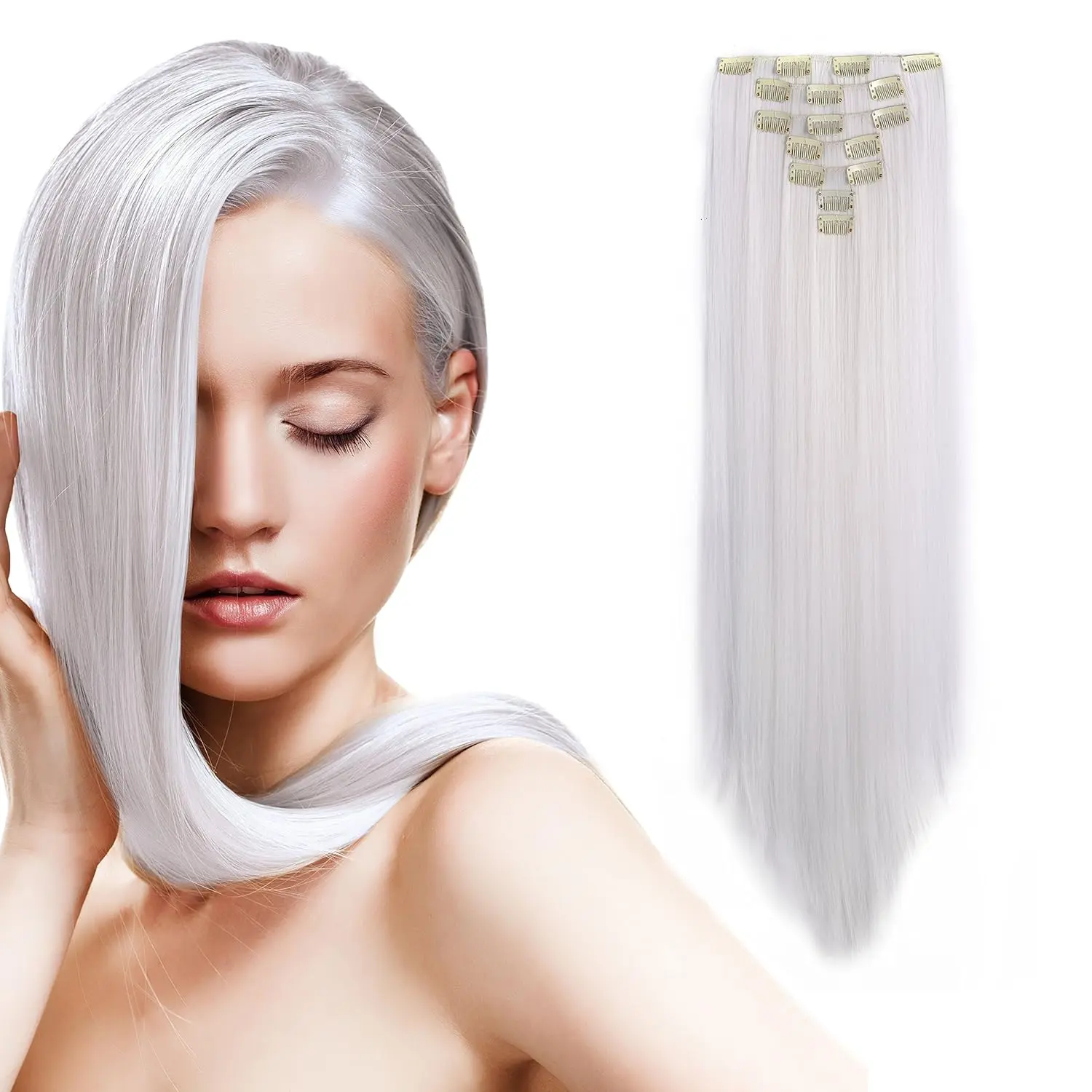 Onedor 24" Straight Synthetic Clip in Hair Extensions. 7 individual pieces for multiple styles.140g (1001 # -White)