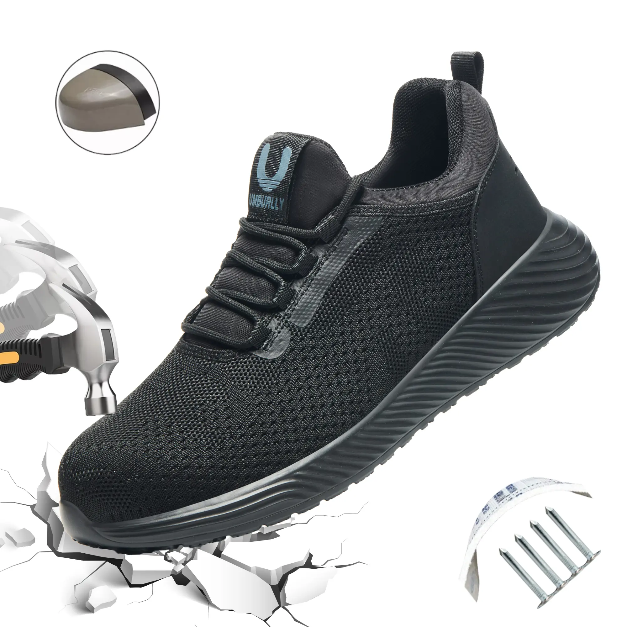 Men’s Steel Toe Work Shoes – Impact Resistant, Puncture Resistant Kevlar, Breathable Upper, Lightweight, Pure Black Minimalist Design