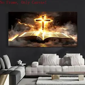 Gold Light Cross Wall Art, Christian Scripture Canvas Print,  Modern Religious Bible Verse Decor, Inspirational Faith Picture for Living Room, Unframed