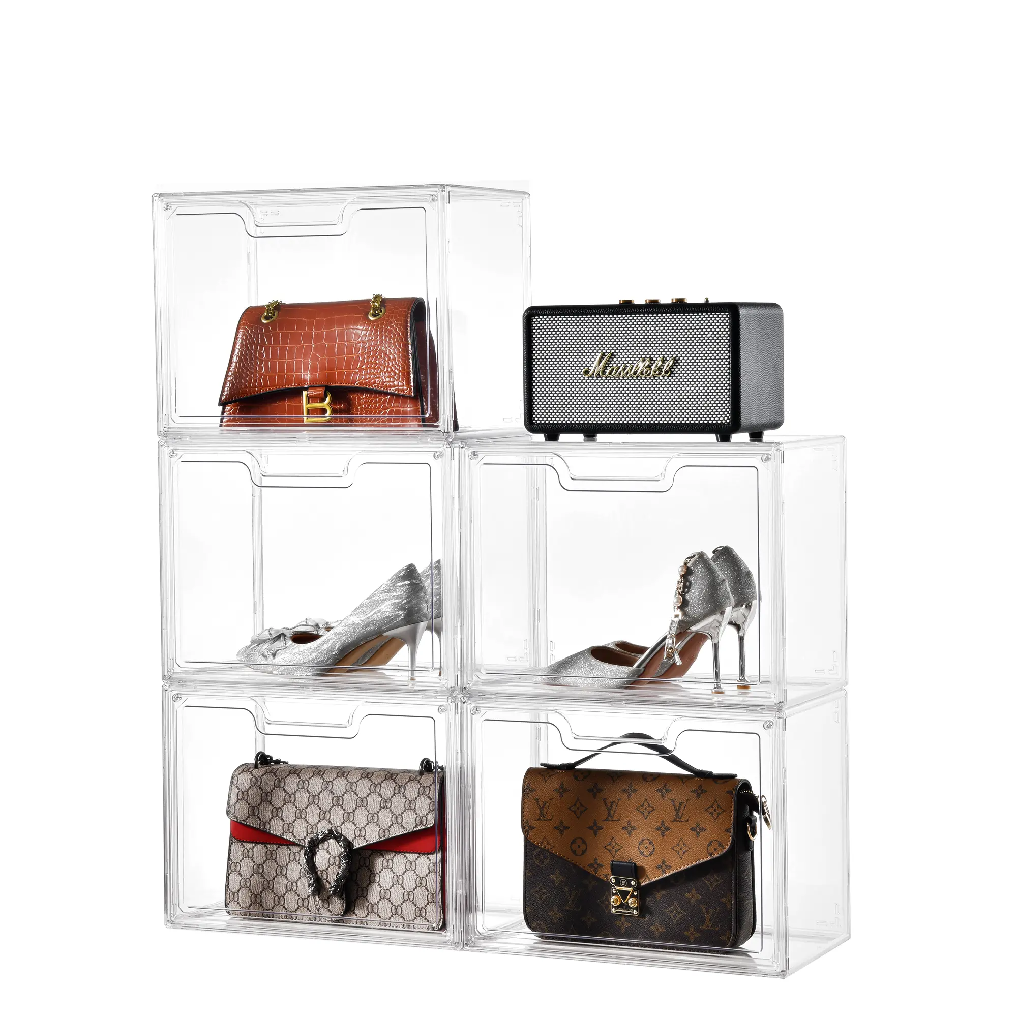 (5 Pack) Purse Organizer for Closet - Stackable Storage Bins with Magnetic Door, Bedroom & Closet Home Organizer for Clothes, Easy Assembly Acrylic Storage Box